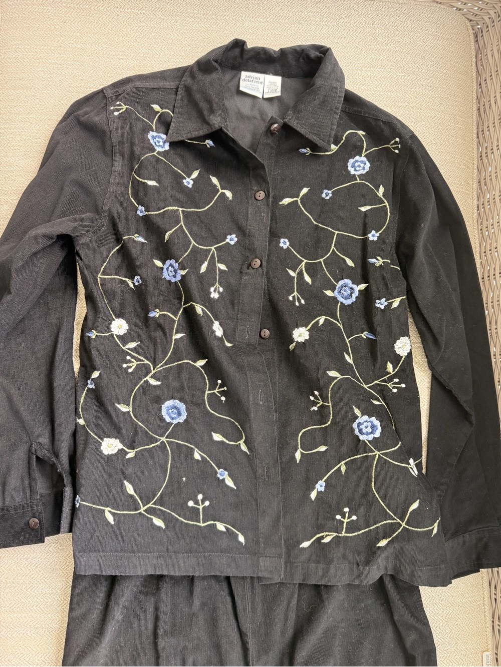Vintage Floral corduroy Embroidered Black Women's 2 piece set